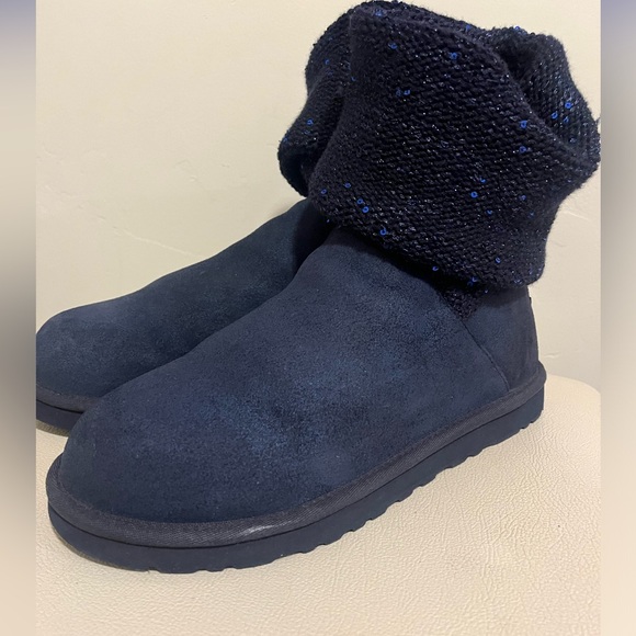 - UGG Australia Nyla  Navy Blue Suede Sparkle Knit Boots Women’s Size 9 - Picture 4 of 11